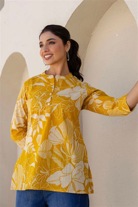 Shop Yellow Cotton Printed Kurti for Women Online | Kohsh