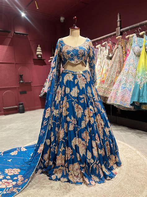 Teal Blue Floral Embroidered Designer Lehenga Set – Mittal Sarees