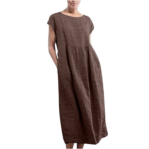 Women's Cotton Linen T-Shirt Dress Sleeveless Crew Neck Summer Dresses ...