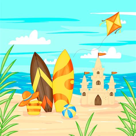 Vector illustration in cartoon style. summer landscape sea and sand ...