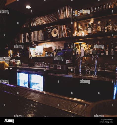 Speakeasy cocktail bar with records and stereo equipment Stock Photo ...