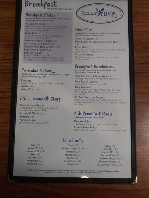 Menu at Bella Blue Cafe, Temple