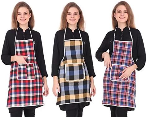 GLUN® Cotton Kitchen Multi Colour Apron with Front Pocket - Set of 3 ...