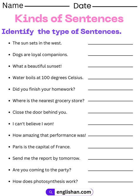 Kinds Of Sentences Worksheet - Jenny Printable