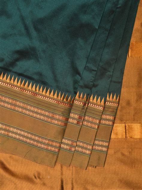 Dark Green and Mustard Narayanpet Silk Handloom Plain Saree with Borde ...