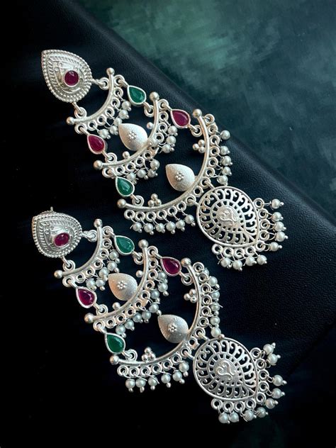 Silver Replica Chandbali Monalisa Stone Beaded Long Earring – Prettiq