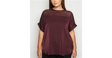 Curves Burgundy Mesh Panel T-Shirt | New Look