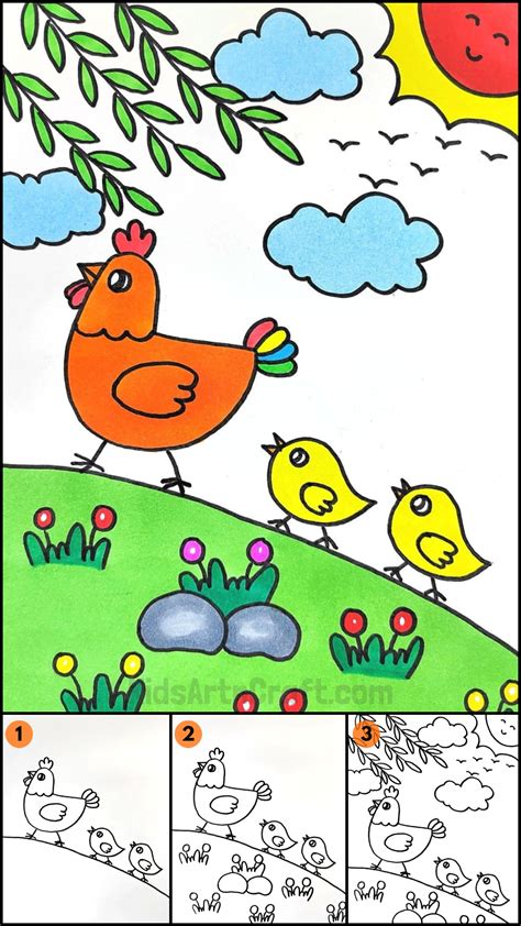 How to Draw Hen and Chick Easy Drawing for Beginners - Kids Art & Craft