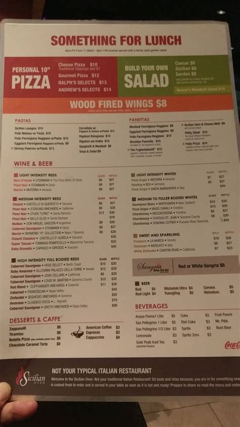 Menu at Sicilian Oven pizzeria, Aventura