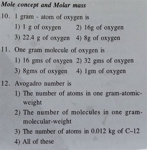 Mole concept and Molar mass 10. 1 gram - atom of oxygen is | Filo