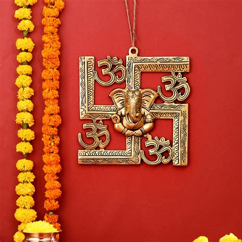Brass Ganesha On Swastik With OM Wall Hanging (8.5 Inch) – Vedansh Craft