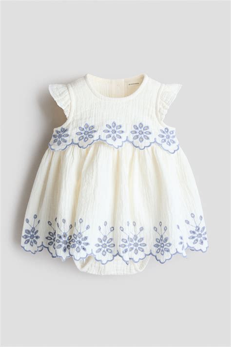 White Cotton muslin bodysuit dress for kids | H&M IN