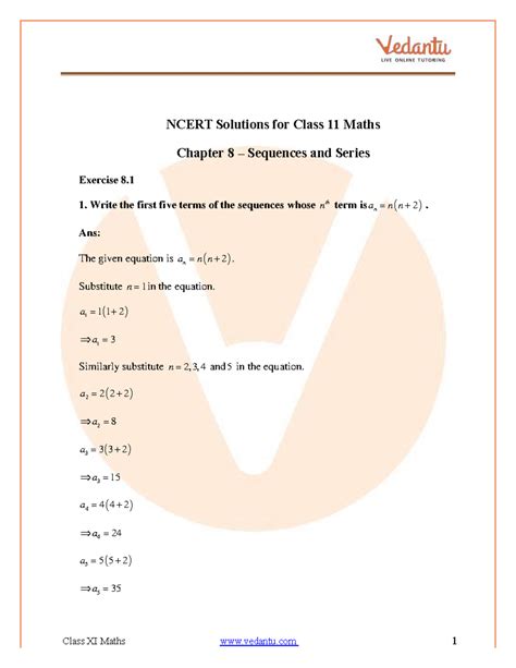 Ncert Solutions for Class 11 Maths Chapter 8: Sequences and Series ...