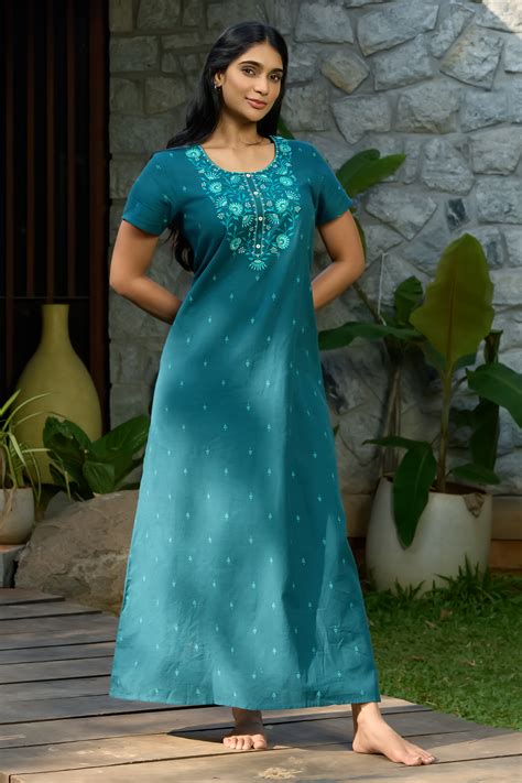 TURQUOISE BLUE COTTON NIGHTWEAR WITH BUTTA PRINT – Maybell Womens Fashion