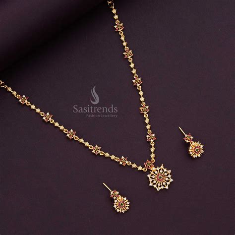 Micro Gold Plated American Diamond Flower Necklace Set - Sasitrends