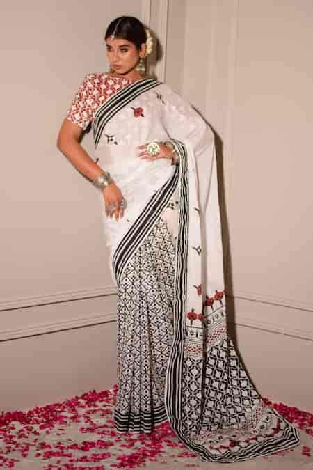 Buy White Chiffon, , Handblock And Print Saree With Blouse For Women by ...