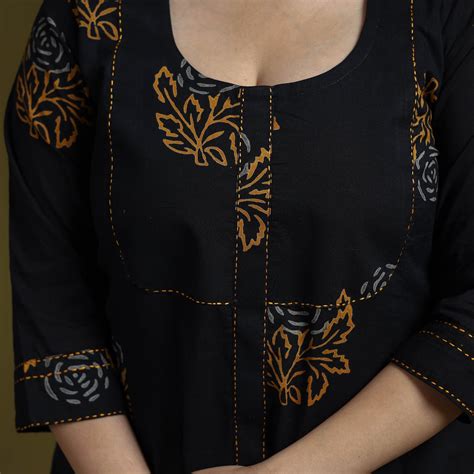 Black Bagru Hand Block Print Syahi Begar Hand Embroidered Cotton A-Line ...