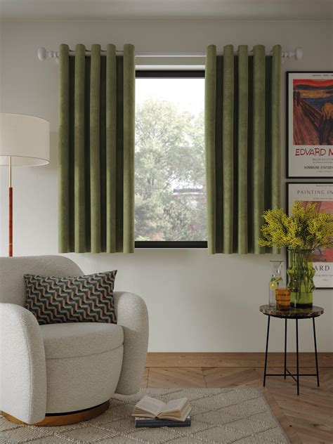 John Lewis Velvet Pair Lined Eyelet Curtains, Avocado