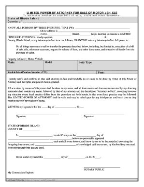 Rhode Island Power Of Attorney For Sale Of Motor Vehicle - Fill and ...