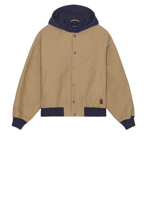 Brixton Canvas Hooded Bomber Jacket in Khaki & Mood Indigo | REVOLVE