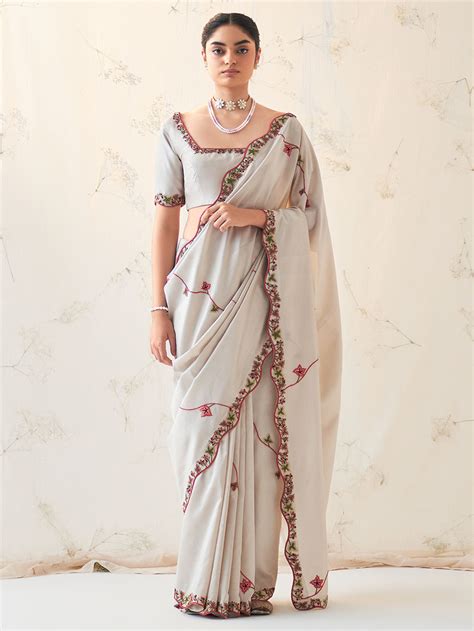 Beige Hand Embroidered Organza Saree with Blouse and Underskirt- Set of 3