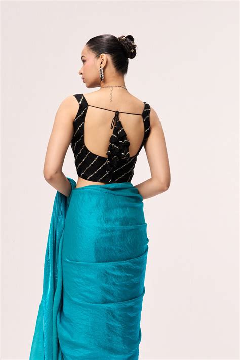 With Readymade Blouse - Azure Blue Metallic Satin Saree with Black Seq