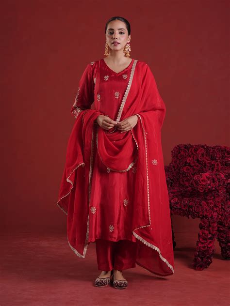 Red Silk Aari & Sequin Embroidered Silk Kurta Set with Organza Dupatta ...