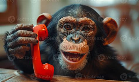 A monkey is holding a red phone and smiling. Concept of playfulness and ...