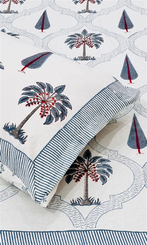 Cotton Handblock Teal Palm Tree King Size Bedsheet 100*108 – Baareeki