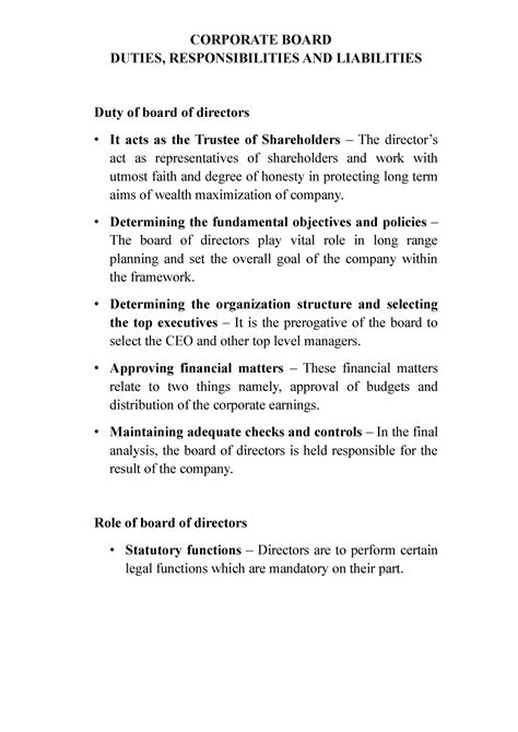 Corporate Board Duties, Responsibilities AND Liabilities - CORPORATE ...