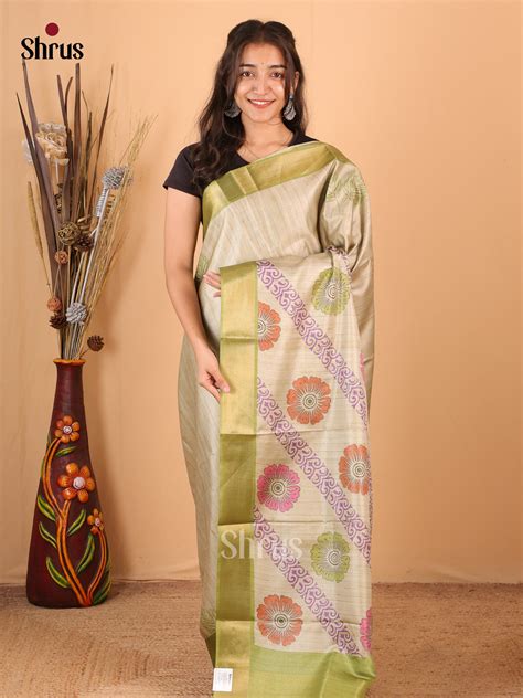 Grey & Green - Printed Tussar Saree