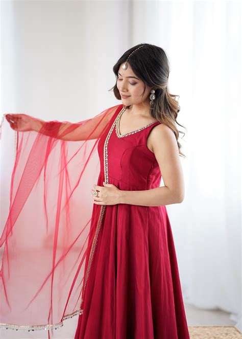 Maroon Pure Roman Silk Chanderi Anarkali Suit Set With Huge Flair, Dup ...