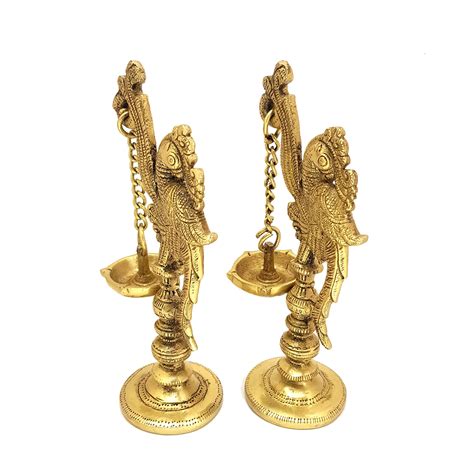 Brass 7 Inches Peacock on Pillar Design Diya Pair, Brass Diyas for Tem ...