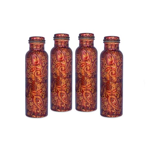 R K HANDICRAFTS 100% Pure Copper Printed Water Bottle Set of 4 PCS ...