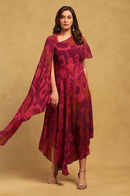 Buy Pink Viscose Crepe Printed Geometric Asymmetric Meraki Dress For ...