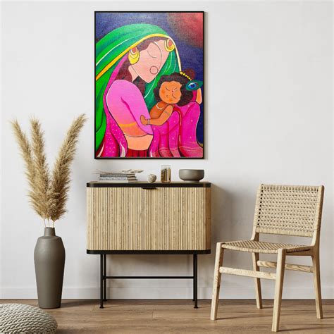 Baal Krishna Yashoda Handmade Painting | Framed Indian Art - Ulooka Incense