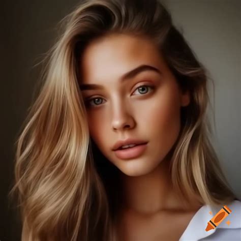 Beautiful blonde woman with long wavy hair wearing a white shirt on Craiyon