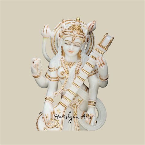 36" Antique Wooden Saraswati Statue Standing Goddess with White Marble
