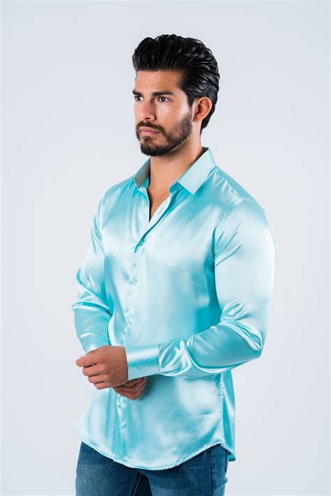 MEN'S SATIN AQUA DRESS SHIRT | Platini Jeans | Shirts, Shirt outfit men ...
