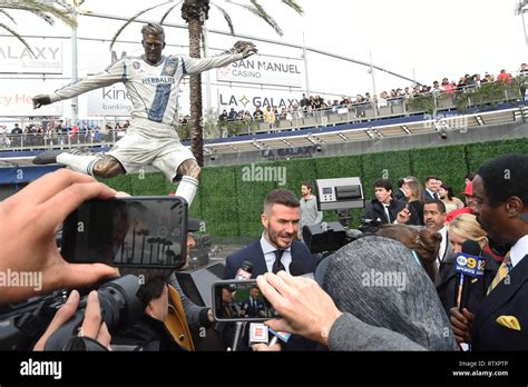 The David Beckham statue at Legends Plaza at Dignity Health Sports Park in Los Angeles.