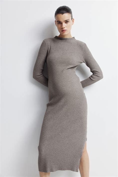 - MAMA Rib-Knit Mock Turtleneck Dress - Beige melange - Ladies | H&M CA