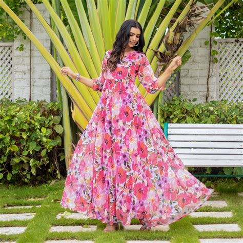 Blossom Pink Floral Georgette Maxi Dress – Byutify.in