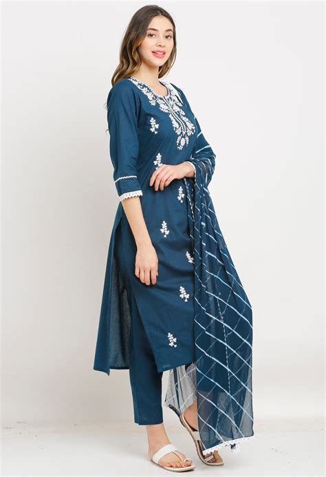 Navy Blue Pure Cambric Cotton Embroidered Kurta Set With Dupatta ...