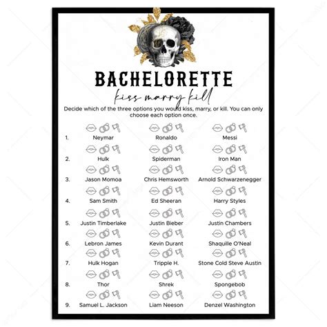 Kiss Marry Kill Game Printable | Bride or Die Bachelorette Party