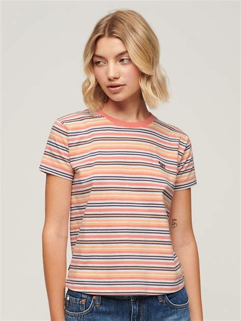 Superdry Essential Logo Striped Fitted T-Shirt, Sunset Coral Stripe