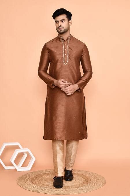 Buy Brown Silk Sequins, Embroidery Geometric Neck Kurta With Pant For ...