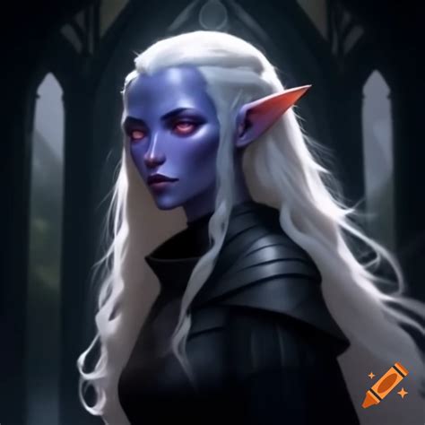Dark grey skinned elven woman with lavender eyes in black cloak under ...