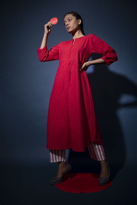 Red Kurta and Striped pants set – Silai Studio