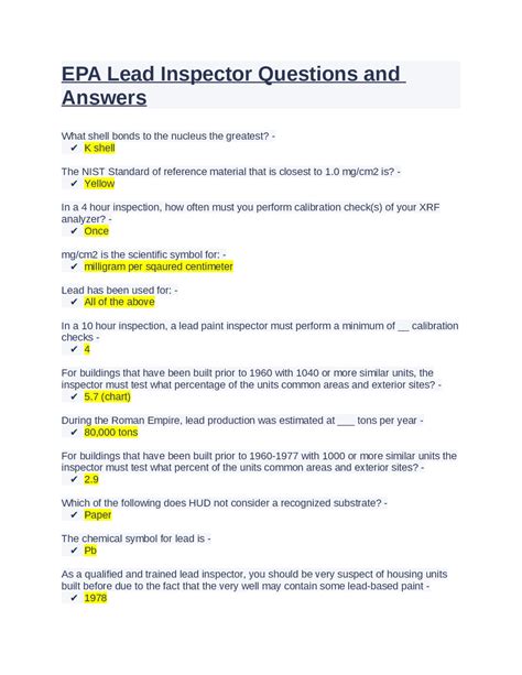 EPA Lead Inspector Questions and Answers | Exams Environmental Science ...
