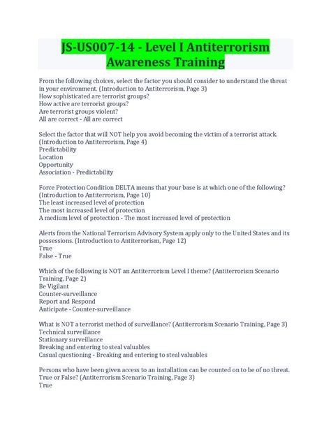 JS-US007-14 - Level I Antiterrorism Awareness Training | Exams Advanced ...